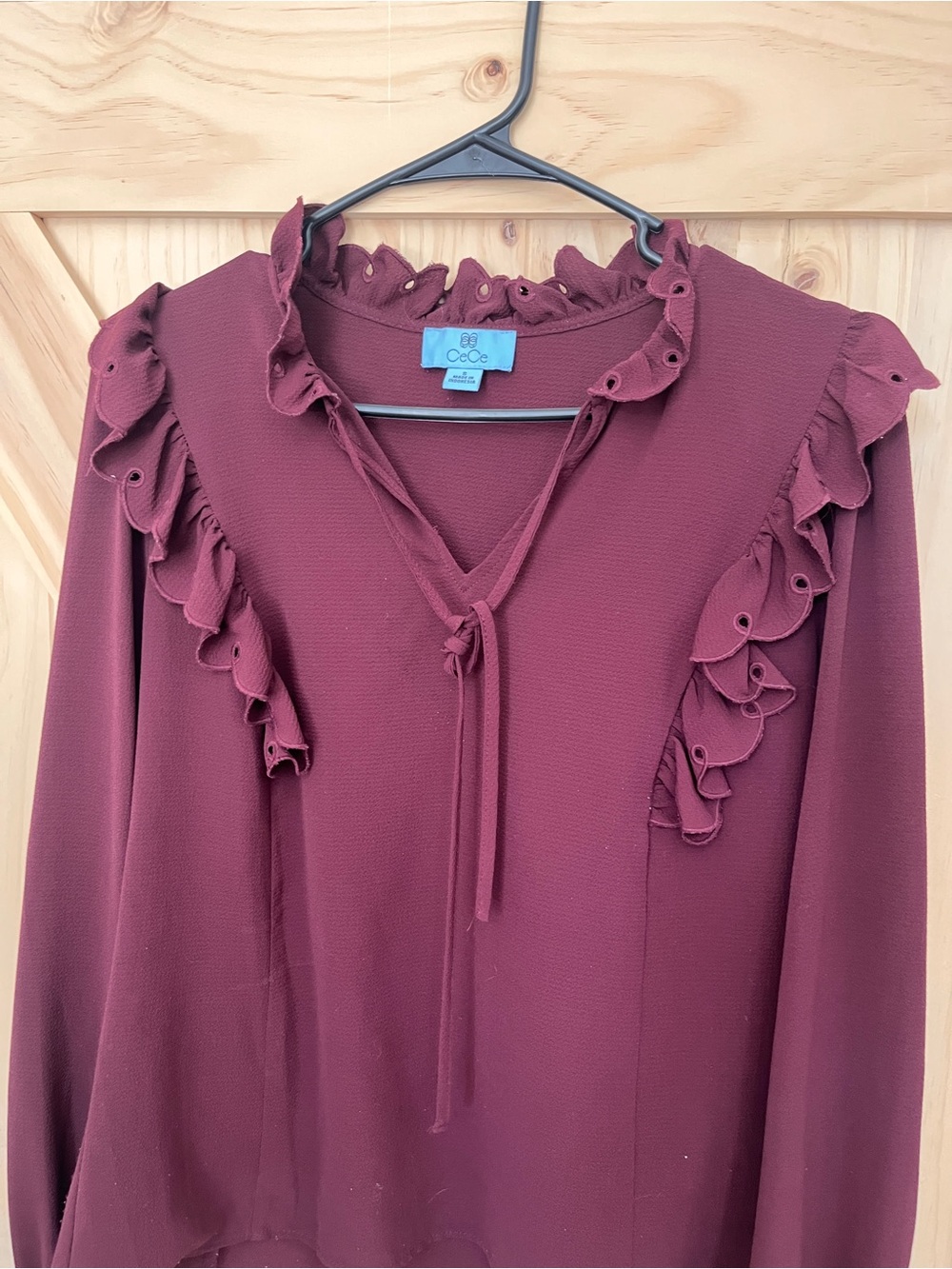 CeCe Burgundy Ruffle Tie Neck Blouse | Long Sleeve | Women’s Small